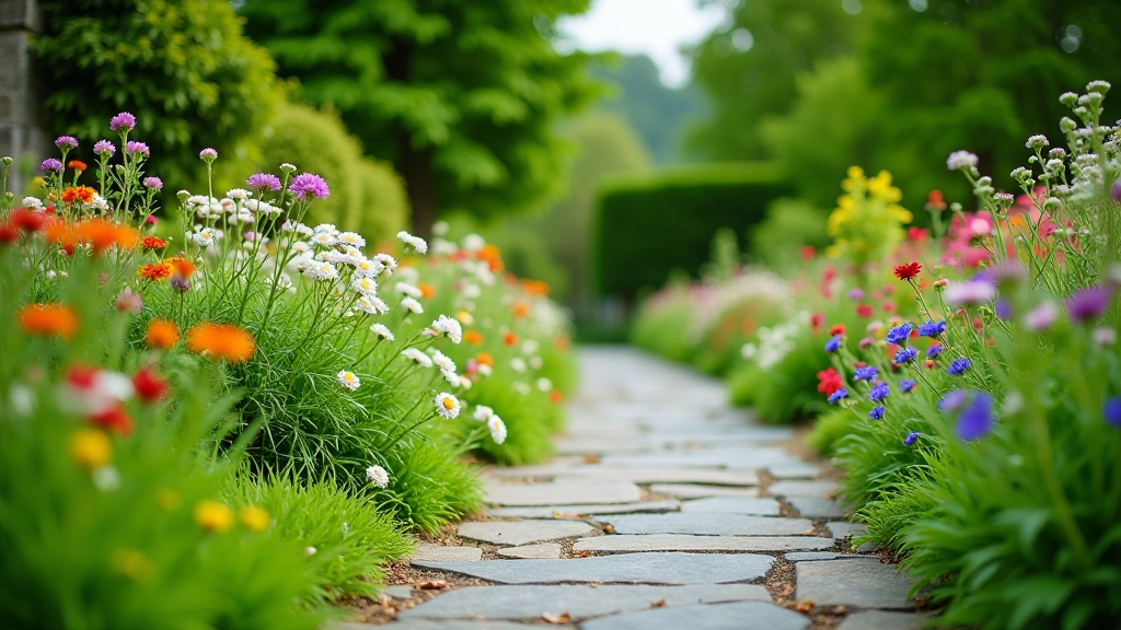 Mature heritage plants and flowering shrubs in traditional Irish garden setting with stone pathways and benches for rest