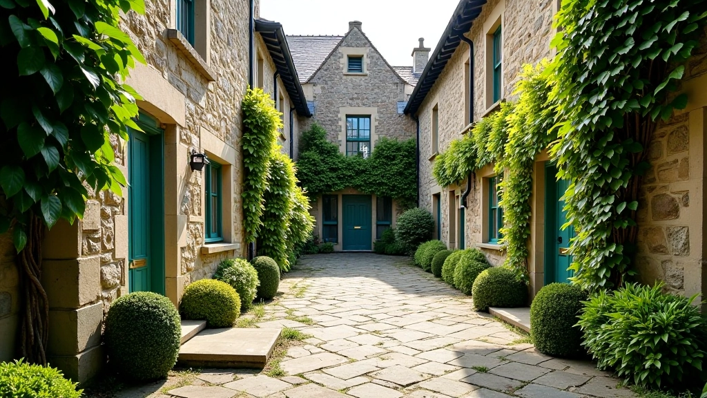 Historic Tudor courtyard at Rothe House with traditional stone walls, climbing ivy, and manicured garden beds in soft morning light