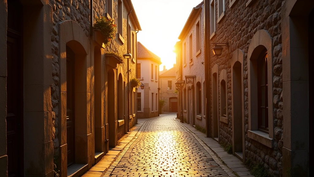 Kilkenny medieval street at golden hour with warm light on stone buildings and narrow pathway