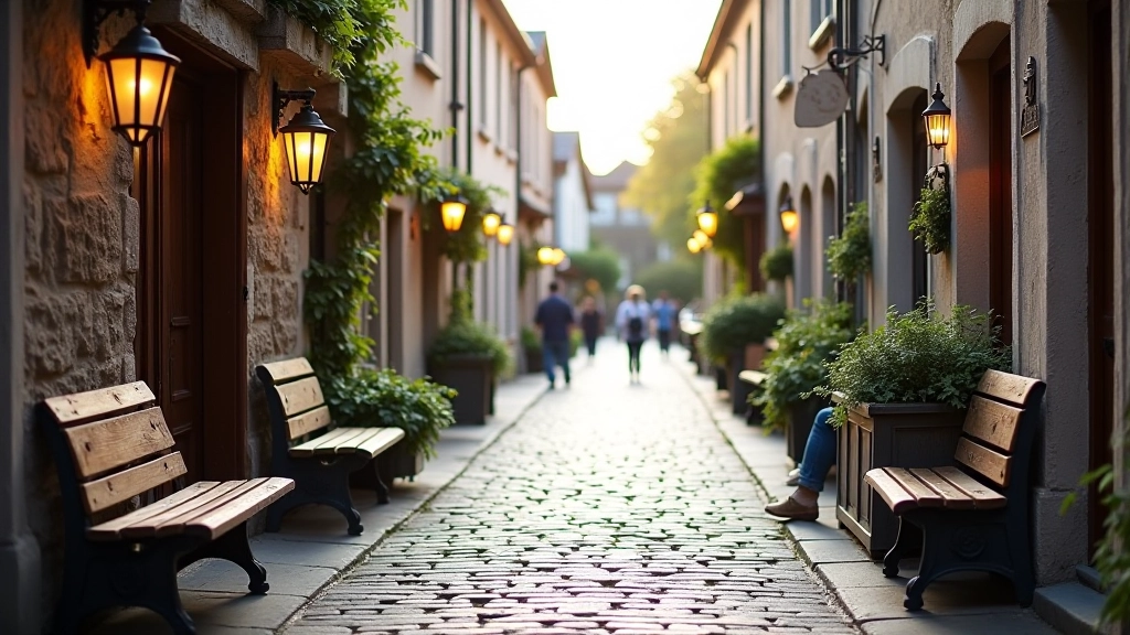 Kilkenny cobblestone laneway with benches and cafés, showing rest areas and amenities along heritage walk