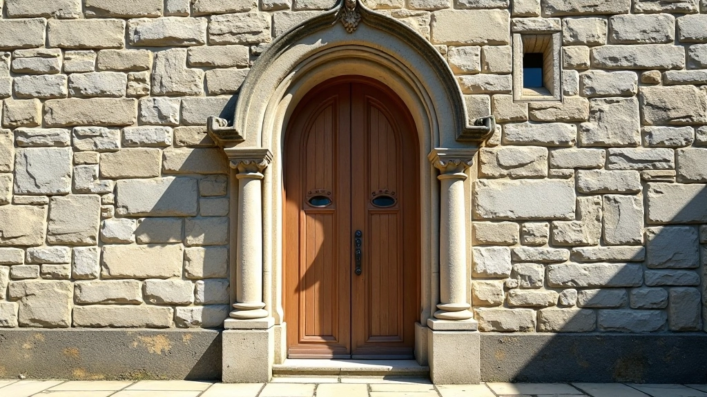 Close-up of historic stone doorway and medieval building facade with weathered masonry and period architectural details
