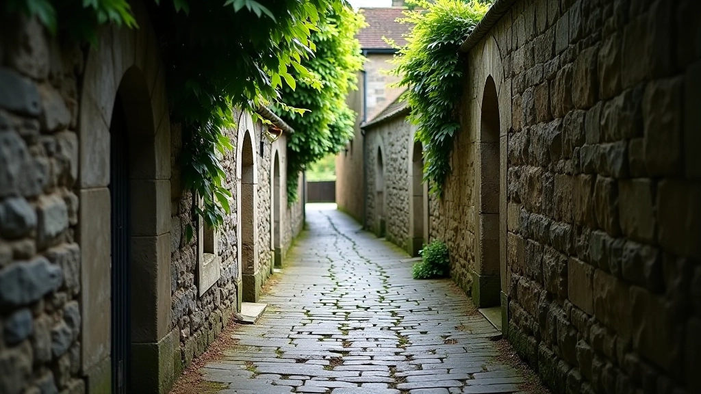Quiet medieval passageway with ivy-covered stone walls
