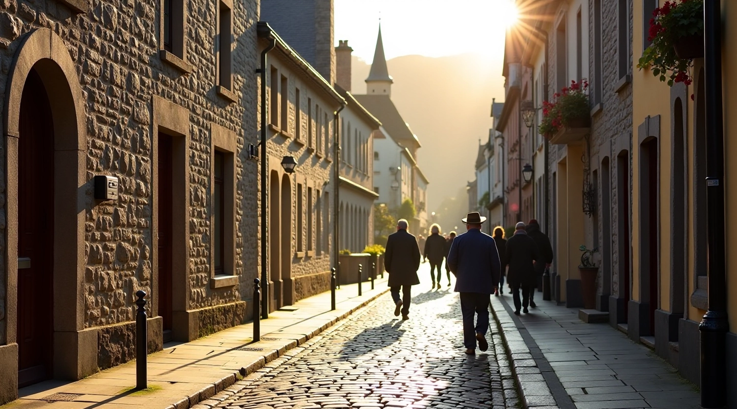 Historic Kilkenny medieval street with stone buildings and cobblestones