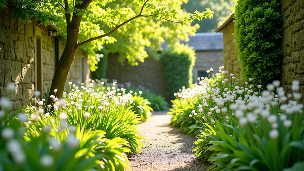 Seasonal flowering plants and green garden spaces at Rothe House during spring bloom with soft natural lighting