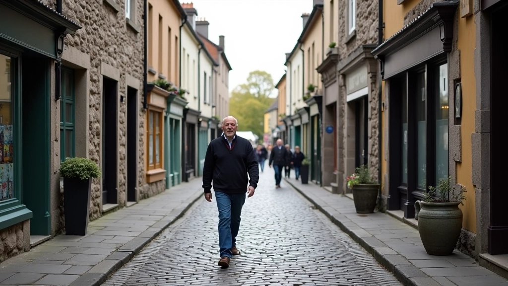 Detailed view of traditional Kilkenny cobblestone street with medieval stone buildings and shop fronts lining both sides